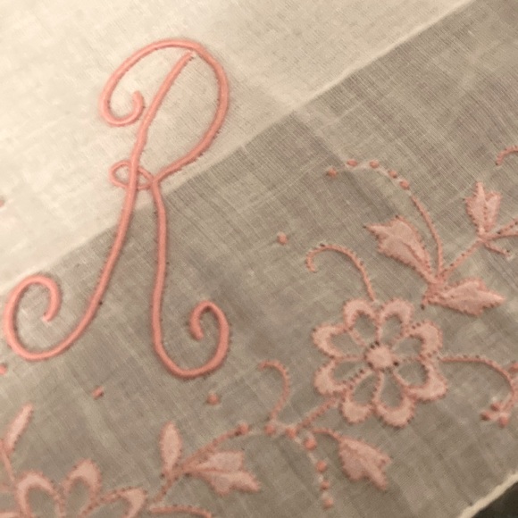 Vintage Handkerchief - white with pink embroidered “R” - $7 - Picture 1 of 4